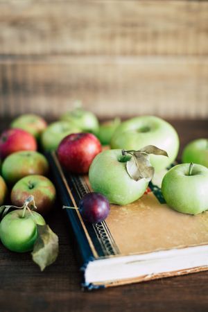 Apples and plum on book
