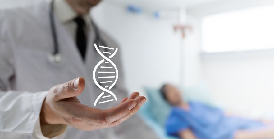 Doctor holds DNA chain icon