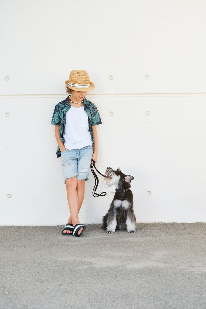 Stylish boy with dog on street