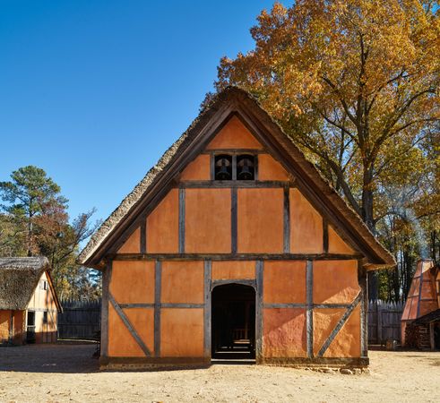 Building inside the reconstructed fort at the Jamestown Settlement in Jamestown, Virginia