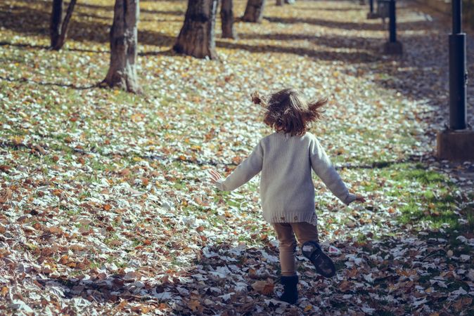 Back of happy child in field of colorful fall leaves