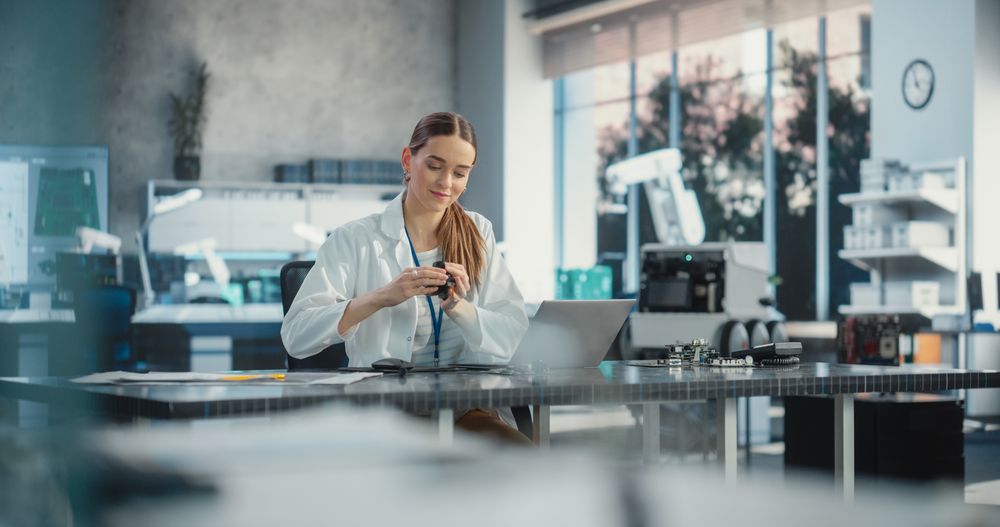 Portrait of Professional Female Scientist Working in Industrial Lab Using Laptop Computer.
