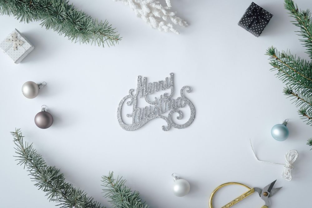 Winter branches and “Merry Christmas” decorations on pastel grey background