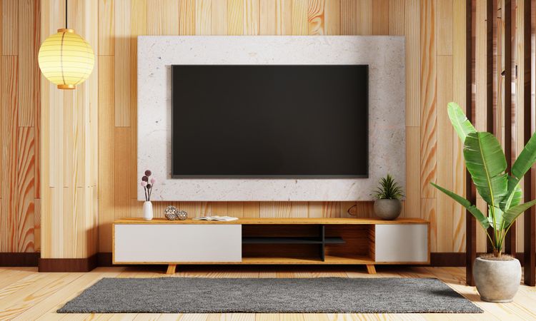 Modern living room with wooden wall, plant and flat screen tv
