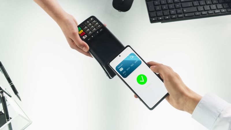 Top Down View Of An Anonymous Customer Paying With Contactless NFC Technology For Products Or Services In The Business Office, Over The Desk With Computer Keyboard And Mouse. Online Banking Concept.