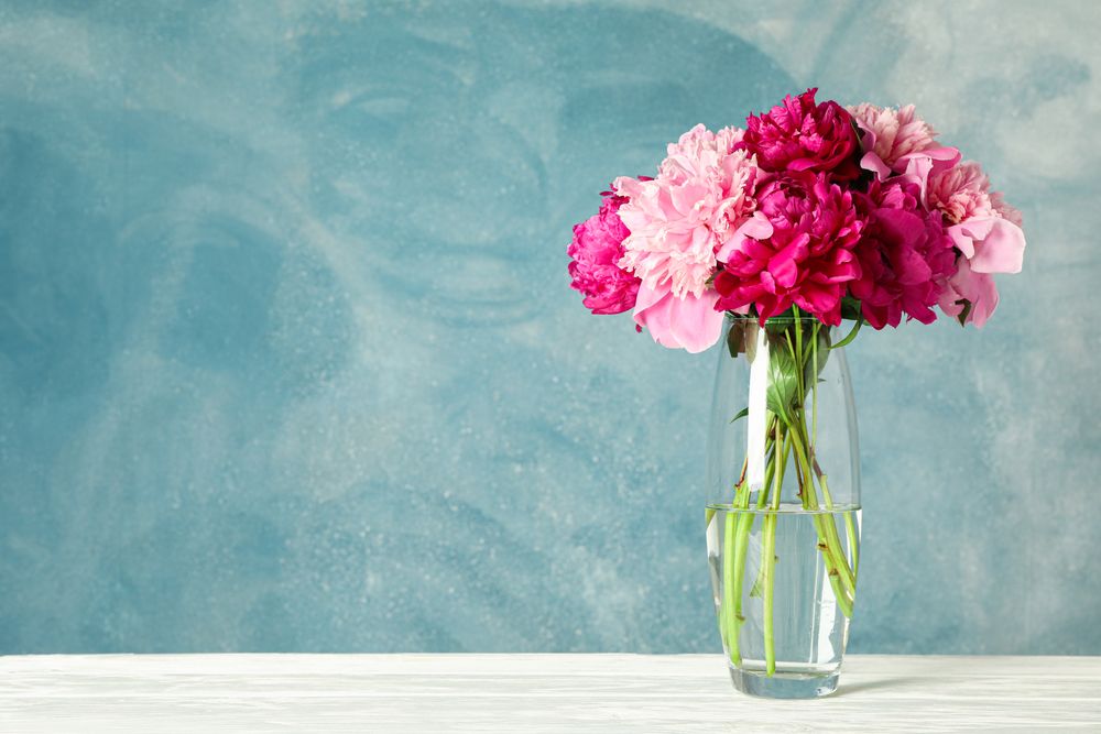 Glass vase with bouquet of beautiful peonies on table against blue background, space for text