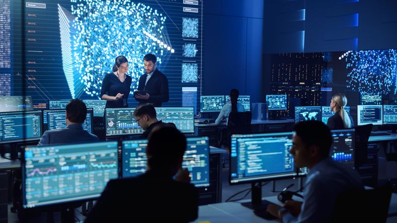 In a Futuristic Control Room, a Diverse Team Collaborates on Data Analysis,