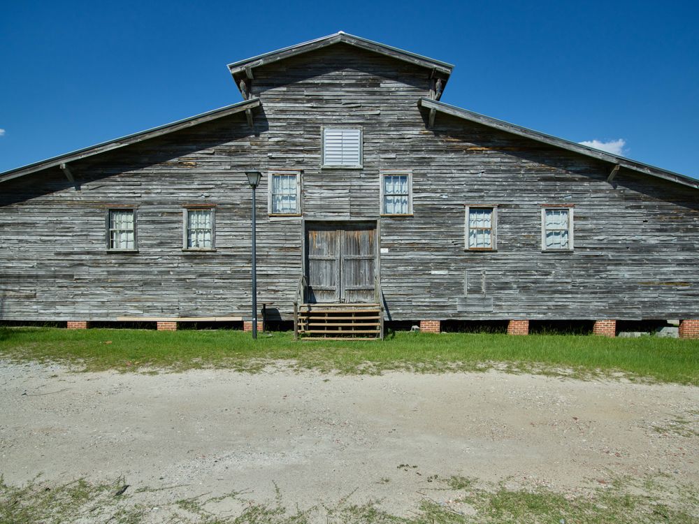 The old peanut warehouse, now an entertainment venue, is a landmark in Conway, South Carolina