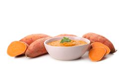 Concept of tasty food, sweet potato puree, isolated on plain background