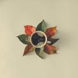 Autumn leaves and coffee cup on table