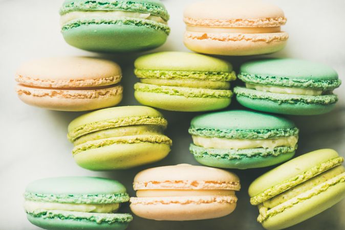Pastel macaron pastries, stacked, side view