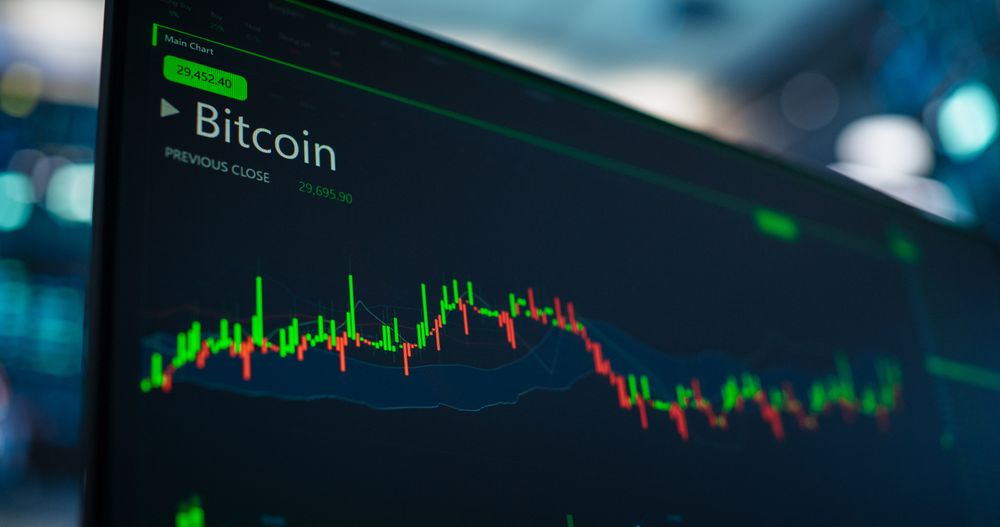 Computer Screen with Cryptocurrency Market Analytics, Candlestick Graphs and Financial Reports. Bitcoin Exchange Software Template on a Monitor. Concept of a Digital Money, Economics and Business