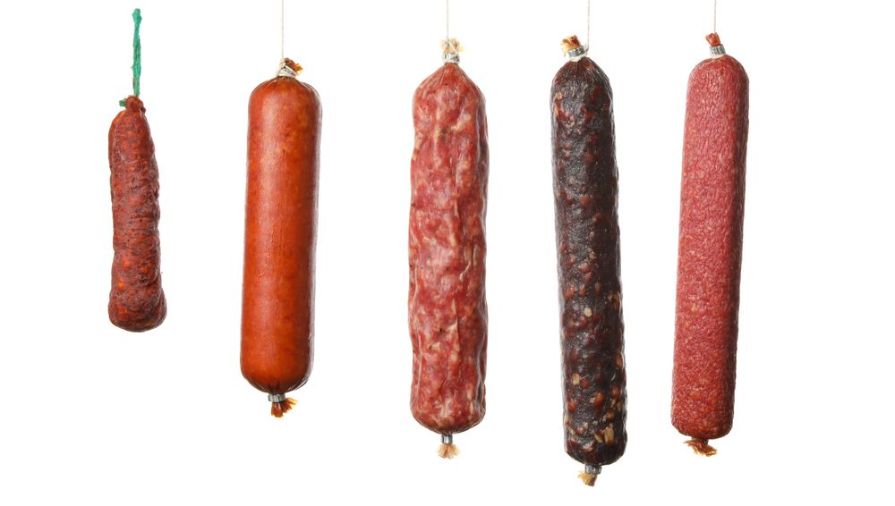 Assortment of cured meats hanging in blank room