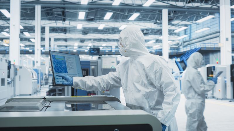 Scientist in hazmat protective suit working on screen in lab