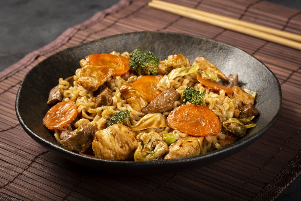 Yakisoba noodles. Yakisoba dish with meat, chicken and vegetables.