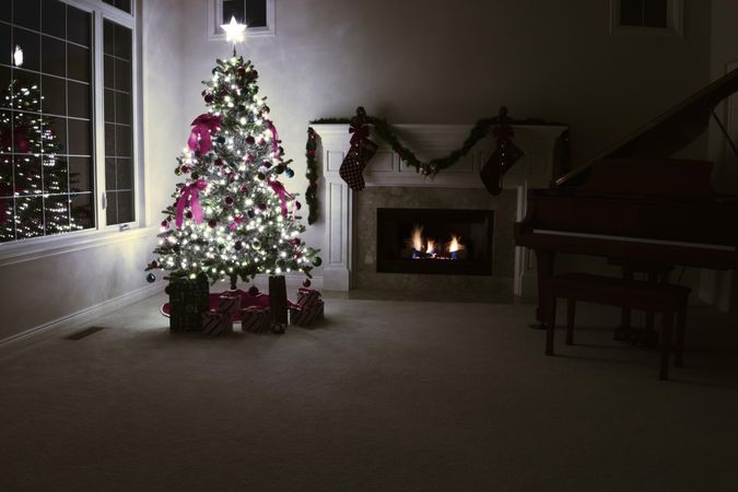 Decorated Christmas tree brightly illuminated with glowing fireplace in home