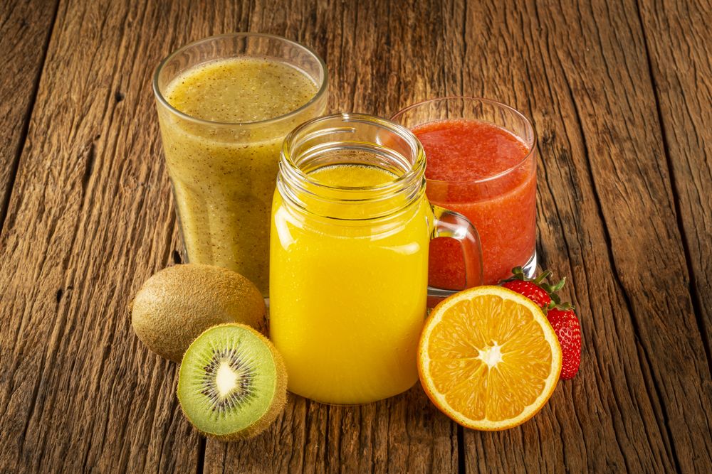 Variety of fruit juices. Fruit smoothies.