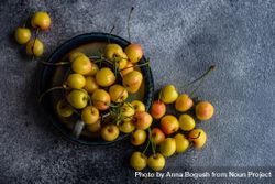Top view of yellow cherries on plate 0KMa9y