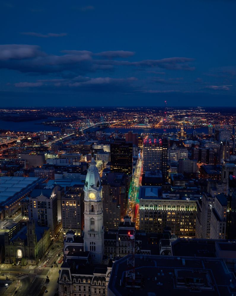 The skyline at dusk, from the top of the One Liberty Place skyscraper in Philadelphia, Pennsylvania