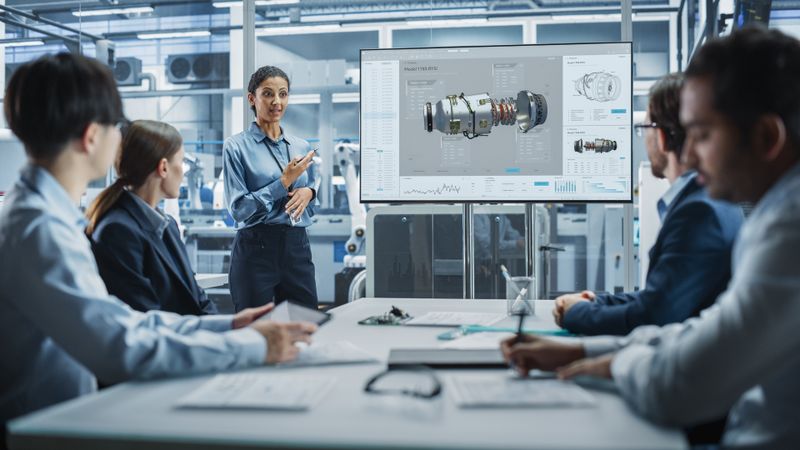 Group of designers in meeting room with screen