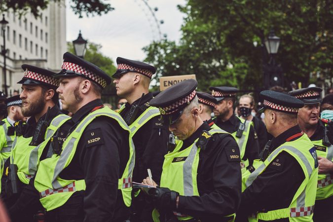 London, England, United Kingdom - June 6th, 2020: Group of police men lined up at protest
