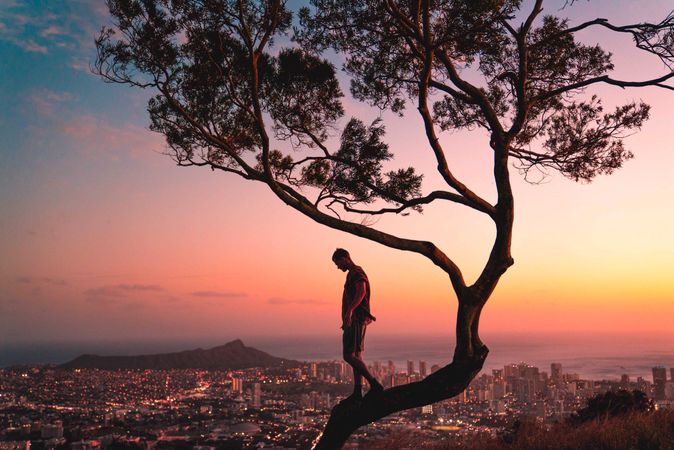 Side view of a man standing on tree on highland against Honolulu's cityscape at sunset