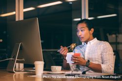 Entrepreneur working in office late in the night and eating noodles sitting at his desk 5zBYj5