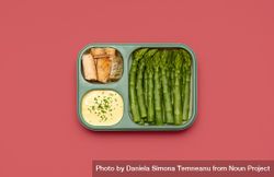 Prep meal, lunch box top view isolated on a pink background 4jpn90