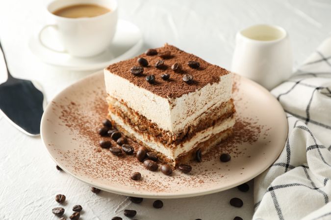 Composition with plate of tasty tiramisu on light background. Delicious dessert