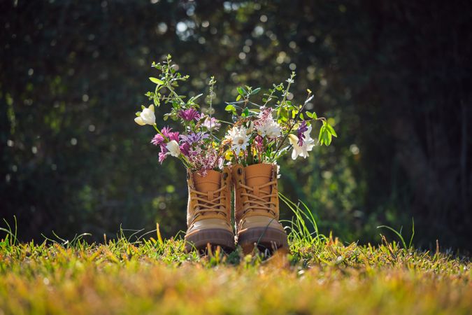 Bright flowers in boots on grassy terrain