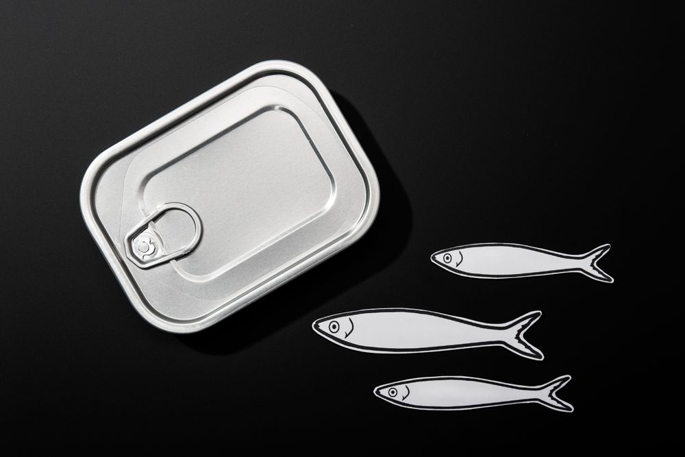 Example of open tin can with drawings of fish inside