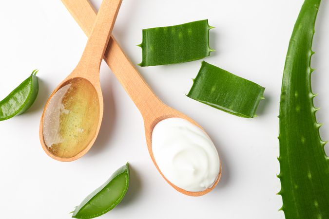 Composition with natural treatment accessories on plain background, closeup. Aloe vera