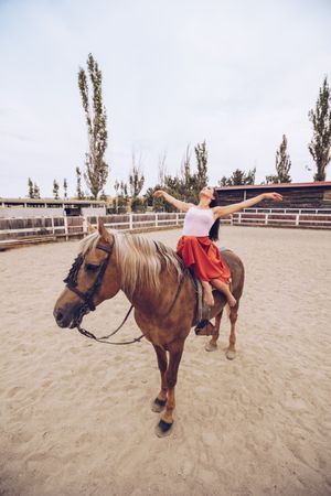 Graceful rider sitting at harnessed horse walking along paddock