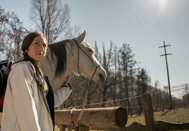 Woman taking care of horse