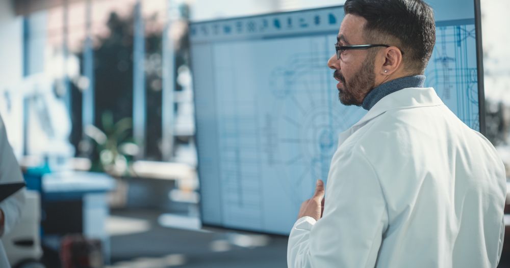 Robotics Engineer Giving Presentation in front Of Television Set With Ai Robot Blueprint.