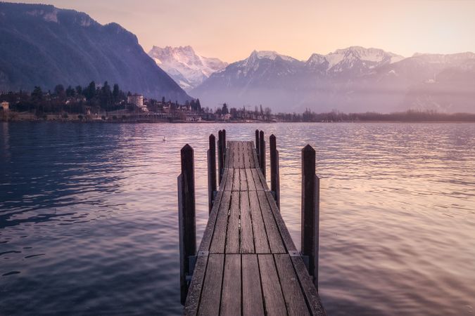 pier in lake and mountains