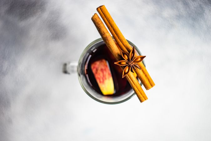 Top view of mulled wine with star anise and cinnamon