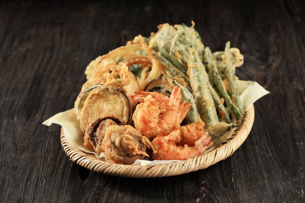 Japanese Tempura, Shrimp, and Various Vegetables Coated in Flour