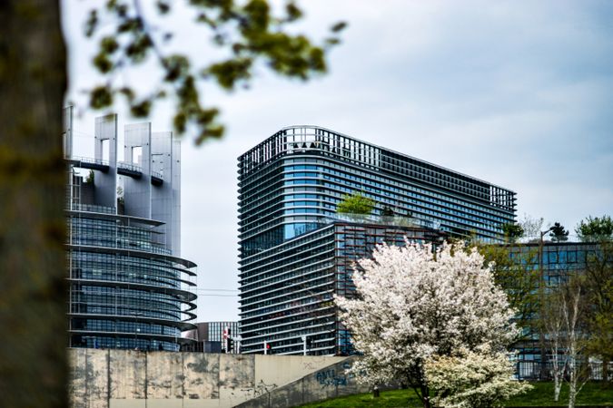 New modern large glass and concrete buildings in Strasbourg.