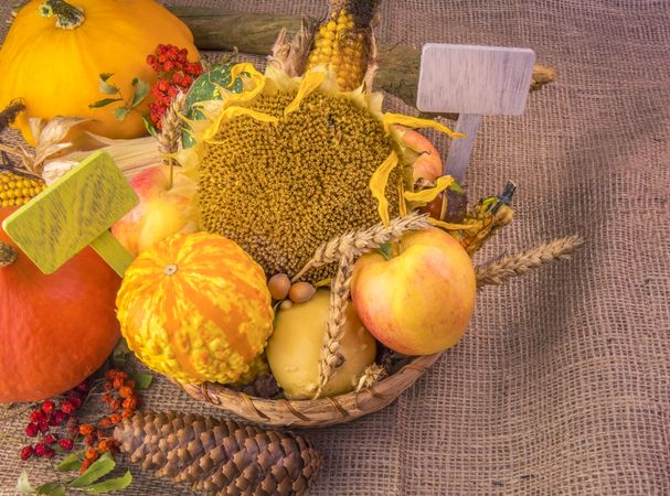 Wicker basket with an abundance of fall products
