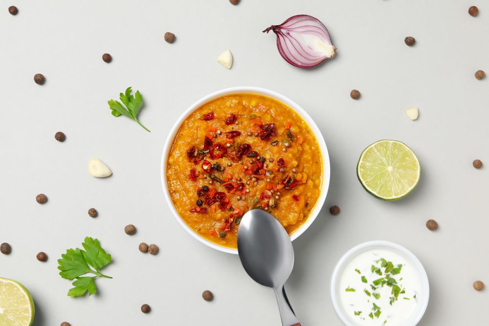 Concept of tasty food, sweet potato puree, top view