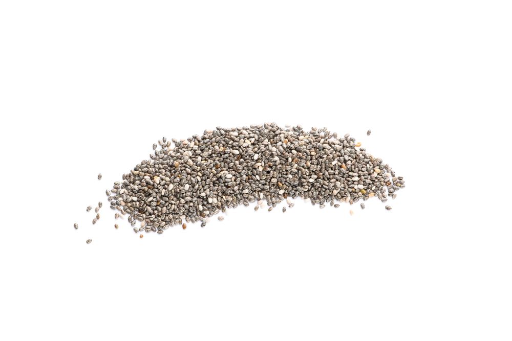 Heap of chia seeds isolated on plain background