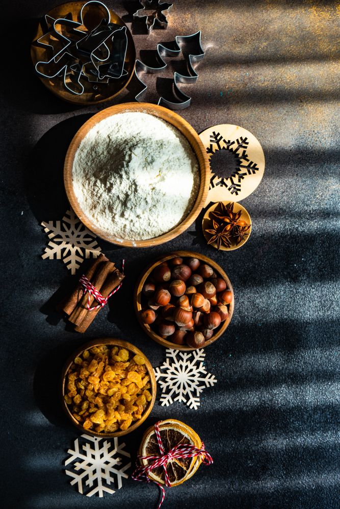 Top view of cookie ingredients in bowls
