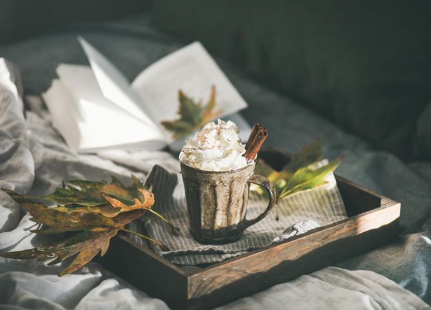 Mug of warm drink topped with whipped cream, on wooden trey with leaves, with book in background