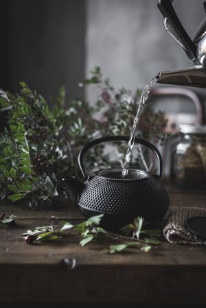 Woman pouring green tea in mug on wooden table with green herb
