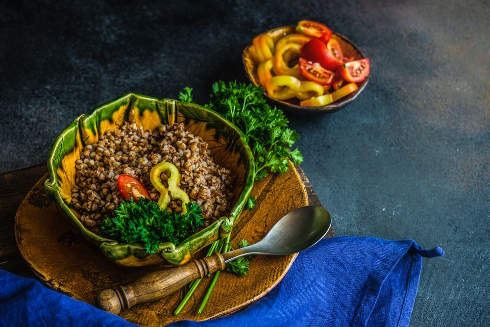 Green bowl of buckwheat