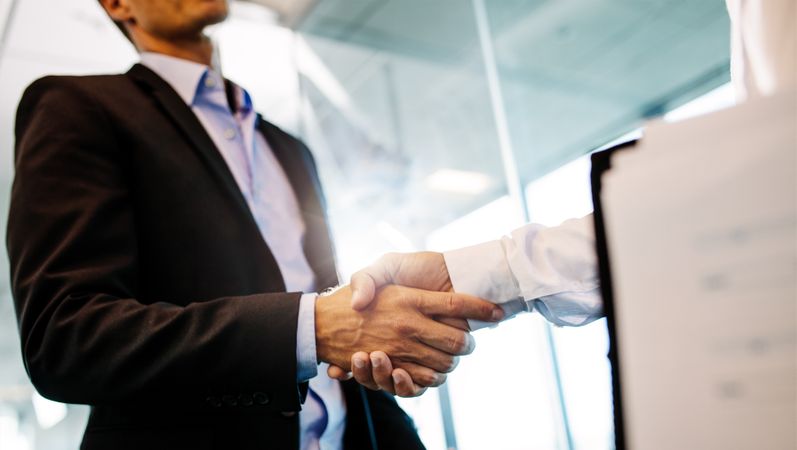 Two business people shaking hands in office