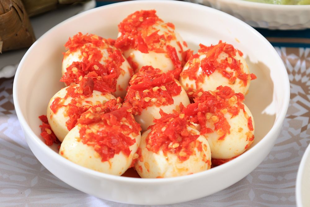 Telur Balado Padang, Boiled Egg with Spicy Red Chilli Spice.
