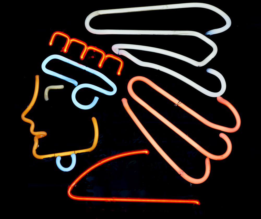 Neon silhouette in the window of the Rio Bravo Trading Company art studio in the Railyard District