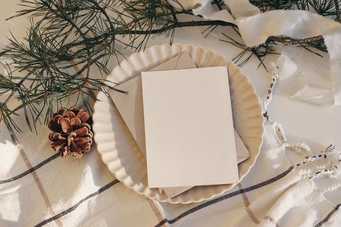 Blank vertical greeting card, invitation mockup on ridged plate in sunlight with pine cone & branches